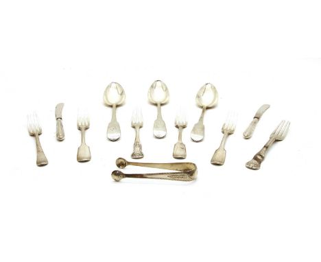 Mixed flatware; three fiddle pattern table spoons, London 1810, three fiddle pattern dessert folks, London 1836, a shell patt