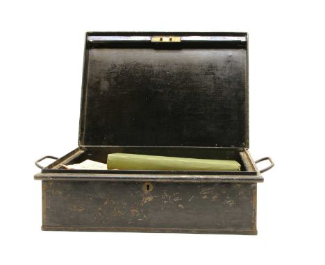A metal tin strong box of Charles E Gibbs, c.1900, filled with three captioned photograph albums, Rome, Ireland, and Britain,