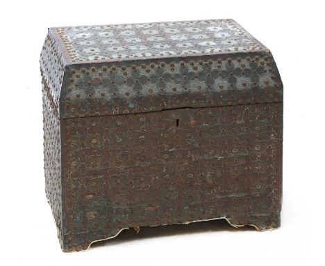 A copper clad casket, early 20th century, possibly Indian, the caddy top and sides set all-over with flower head motifs and s