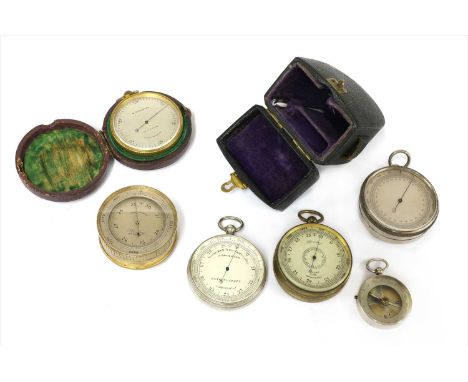 Five pocket aneroid barometers,the first by Stanley, London, with compass back, compass inscribed 'Singer's Patent'the second