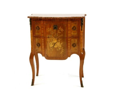 A 19th century style miniature serpentine commode, the shaped reconstituted stone top over two drawers with inlaid musical in