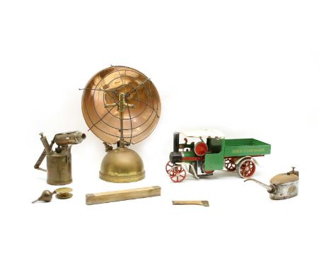 A Mamod Live Steam Wagon, a plumb bob, a spirit level, 25cm long, a Bame oil can, 33cm long, a 'Wrights' Ropes Ltd' advertisi