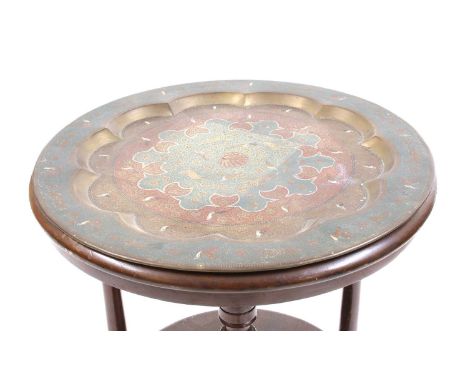 A Victorian three tier circular stand, with an associated polychrome Indian brass enamel dish top, 45cm wide x 73xm high and 