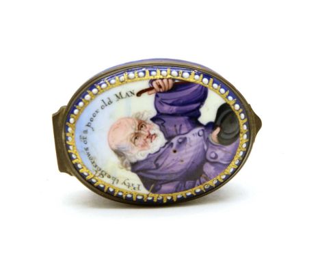 An 18th century Bilston enamel patch box,decorated with an old man 'Pity the Sorrows of the Poor Old Man'6cmCondition report: