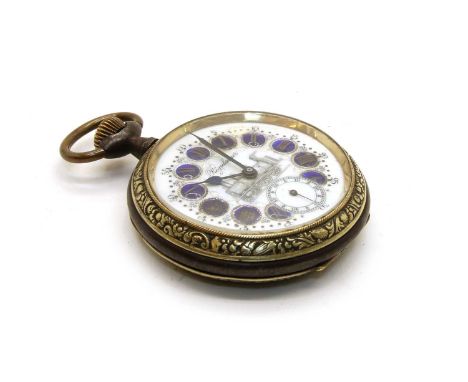 An American 19th century 'Regulator' keyless wind brass mounted pocket watch, the dial decorated with early 4-2-2 steam locom