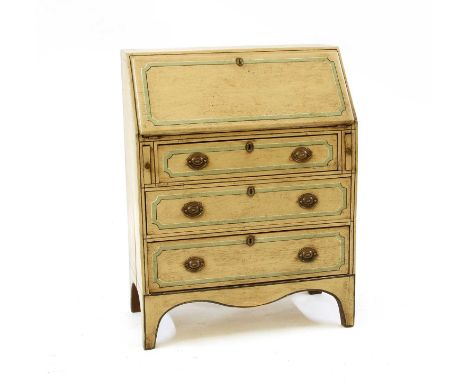 A small George III style painted oak bureau, the fall front enclosing a fitted interior, above three long drawers and raised 