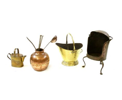 A brass coal bucket, 30cm high, a French brass chestnut roaster, 56cm high, a copper vase, 29cm high, a copper water can with