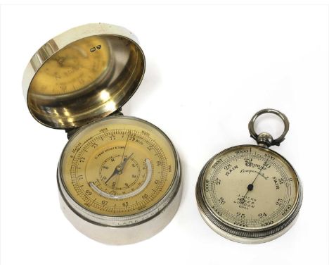 A rare silver pillbox cased pocket aneroid barometer, hallmarked for Edward Stockwell, London 1889, the edge of the case insc