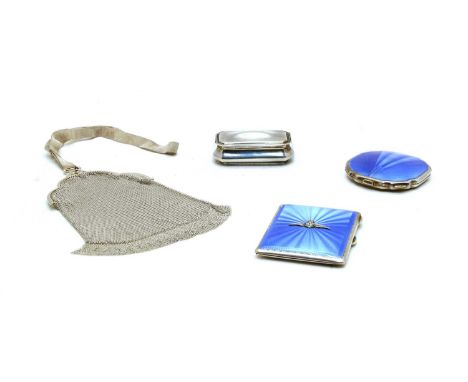 Three items of Guilloch enamel and silver and silver bag (4)