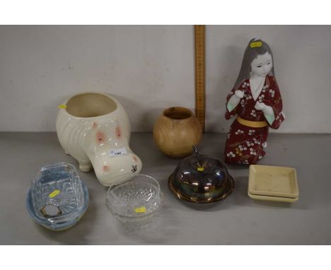 Quantity of glass ware, Chinese model of a doll, ceramic model of a hippo etc