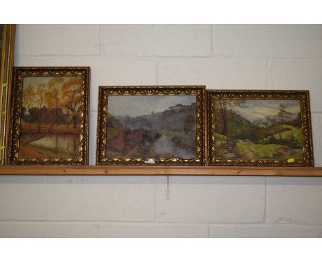 R A Gardner, a group of three oil on board studies of rural scenes, gilt framed 
