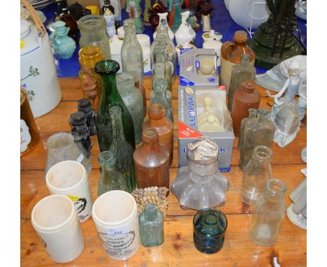 Quantity of glass and ceramic wares, green glass bottles, two brown glazed lemonade type bottles etc
