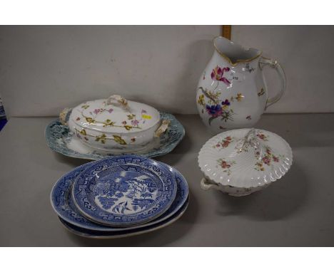 Quantity of ceramic wares including a large continental porcelain jug, further tureens, French porcelain and blue and white p