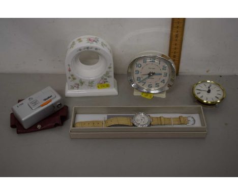Mixed Lot: Small Rollei E110 camera together with a Wedgwood mantel clock, a Big Ben bedside clock and a further fashion watc