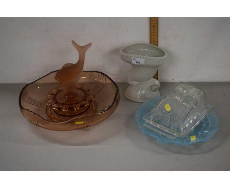 A glass centrepiece with fish model, together with a ceramic vase by Holkham Pottery and other glass ware