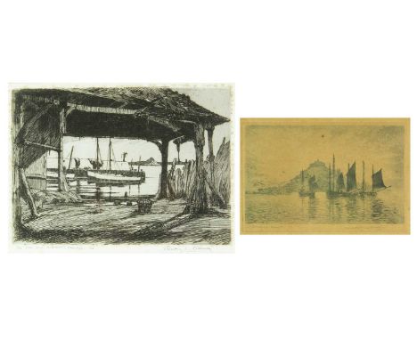 Geoffrey Sneyd GARNIER (1889-c.1971) The Old Fish Market, Newlyn Etching, signed, numbered 3/100. Artist's exhibition label t