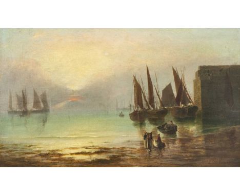 Pre-Newlyn School Old Newlyn Harbour  Oil on lined canvas, indistinct signature, inscribed Newlyn, further inscribed 'Penzanc