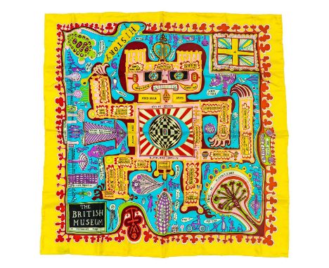 Grayson PERRY (1960) British Museum Map Silk Scarf 90cm x 90cm. This vibrant silk scarf portrays an alternative map of the Br