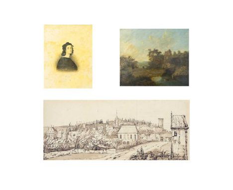 Circle of John White ABBOTT (1763-1851) Town View, likely Devon Watercolour, 12.5cm x 29.5cm, 29cm x 45cm mounted; together w