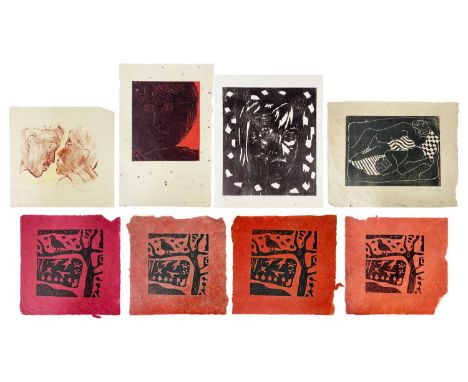 Sheila OLINER (1930-2020) Eight Works Four linocuts of the same work, each signed, 19.5cm x 20cm, another self-portrait linoc