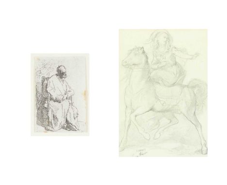 Franz THELEN (1826-?) Horse and Rider Graphite on paper, signed 24.5cm x 17.5cm, 42cm x 34cm framed; together with an engravi