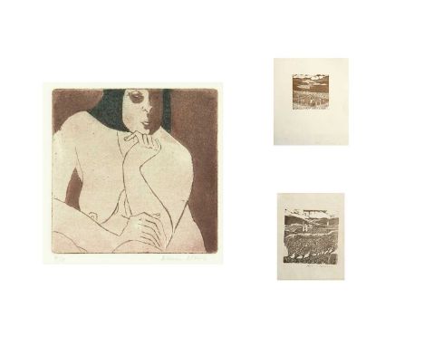 Bob DEVEREUX (1940) Two Linocuts Each signed, image size 8cm x 8cm and 7.5cm x 8cm, together with a framed etching aquatint, 