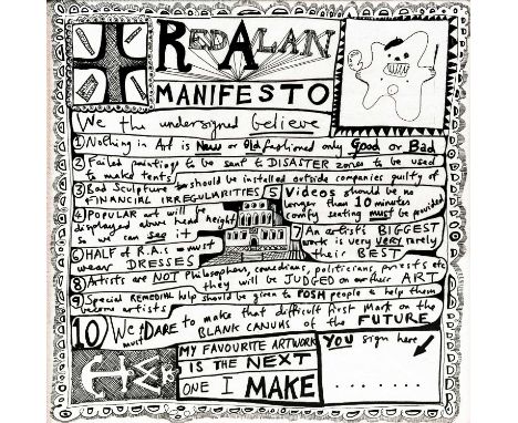 Grayson PERRY (1960) Red Alan Manifesto Printed on paper, artist's logo lower left, 30cm x 30cm.
 
Shipping is available from