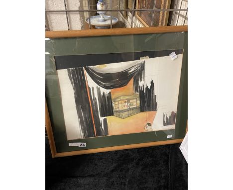 WATERCOLOUR OF A WOMAN CLOSING THE CURTAINS IN THE STYLE OF BERYL COOK