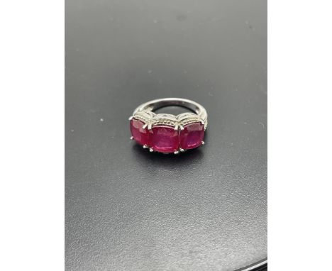 925 SILVER 3 STONE LAB RUBY RING - SIZE N