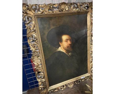 AFTER SIR PETER PAUL RUBENS 1577-1640 ''SELF PORTRAIT'' OIL ON CANVAS IN AN ELABORATE CARVED FLORENTINE FRAME - 63 X 87 CMS