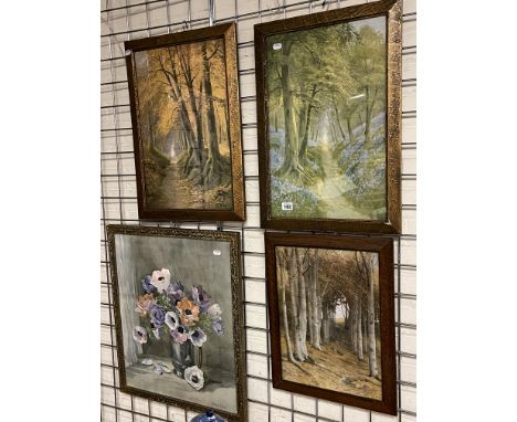 4 VARIOUS PRINTS: 3 WOODLAND STUDIES BY SHERRIN AND STILL LIFE BY WINIFRED WALKER