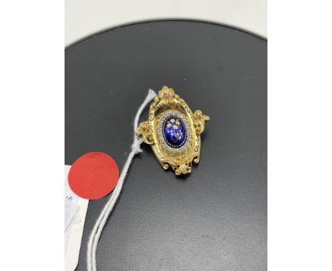 18 CT. YELLOW GOLD ENAMEL &amp; DIAMOND RUBY BROOCH - 11 GRAMS APPROX
