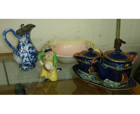 Victorian blue and white jug, tea set, bowl and a continental figure of a lady potter, the base with impressed number 4730 ma