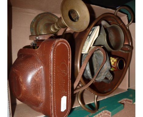 Small copper twin handled planter, brass candlestick, P.Cother Retinette camera etc