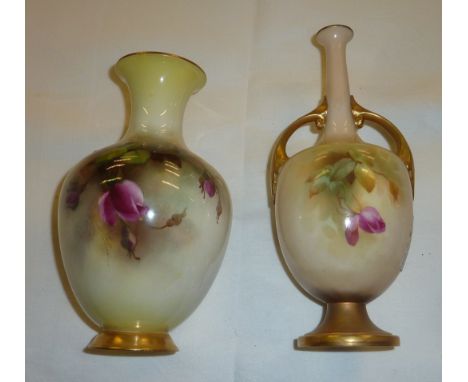 Royal Worcester long neck twin handled vase with painted rose floral detail and gilt mounts RM669189 2700 and another Royal W