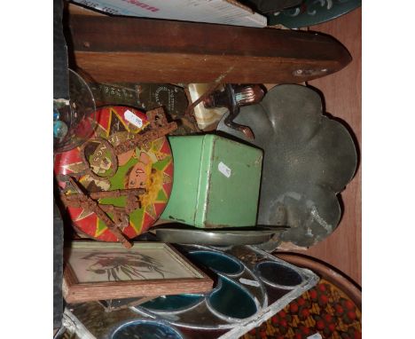 Lead glazed window panel, Egyptian figure, balance scales and other items in 1 box