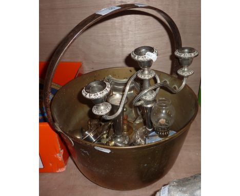 Brass jam pan, plated candlestick and other metal ware