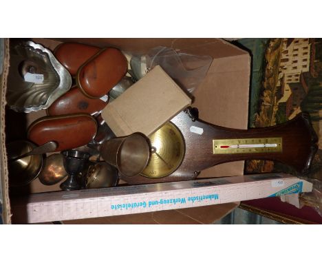 Wall mounted barometer, plated ware, car badges, Holbro weights etc