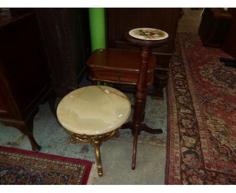 Gilt and onyx occasional table, mahogany torchere stand with ceramic plaque and a single drawer side table (3)