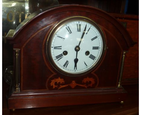 Edwardian mahogany inlaid mantle clock with white enamel dial