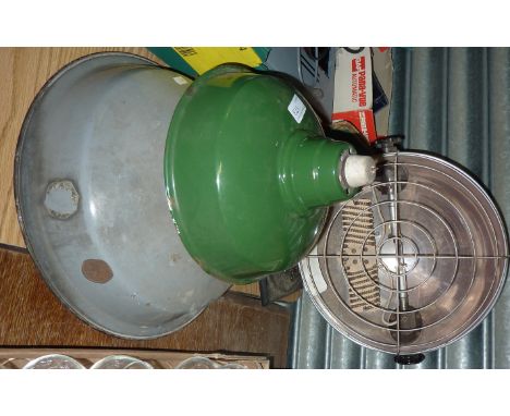 2 enamel industrial style lampshades and a heat lamp