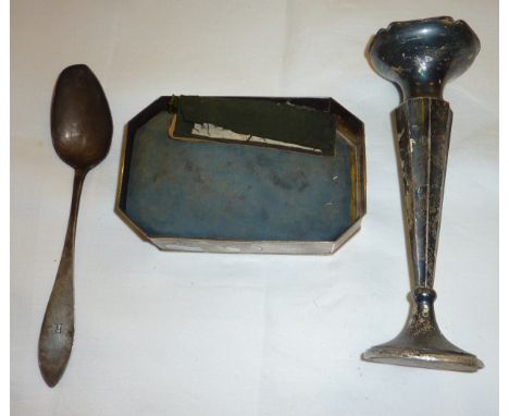 Silver hallmarked epergne, engine turned jewellery box and an early c.late 18thC continental silver spoon engraved R