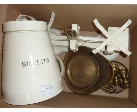 Set of kitchen scales, pestle and mortar and a biscuit barrel