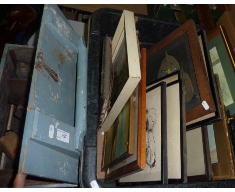 Wooden ammo crate style box with various tools and a box of various assorted pictures and prints