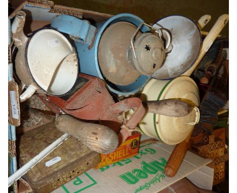 Hand lantern, enamel kitchen ware etc