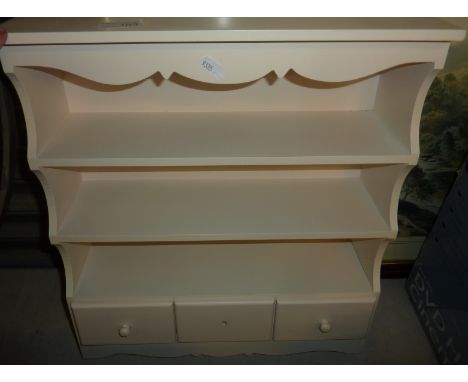 Small cream painted 3 tier wall shelf with 3 drawers