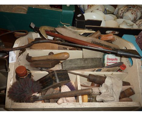 Twin handled wooden tray with selection of various tools