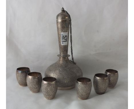 Eastern onion shaped flask and six matching goblets, 7.5"  high marked silver 530g.      