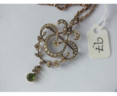 Fine Edwardian peridot &amp; pearl 9ct   pendant/brooch on 9ct chain 9.9g inc    