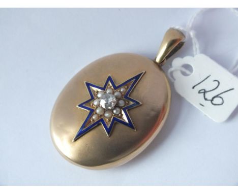 VICTORIAN 15CT GOLD LOCKET WITH   diamond, enamel &amp; pearl motif to centre and glass  panel to reverse 4cm long      